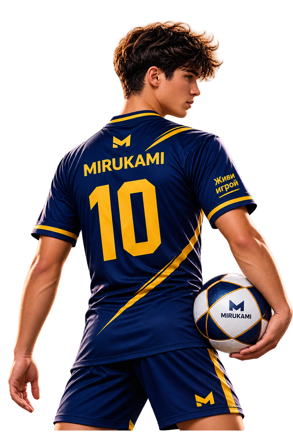 Футболист в сине-золотой форме MIRUKAMI с номером 10